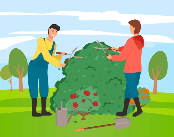 Jardiniers Agriculture Les gens avec des buissons de roses — Image vectorielle
