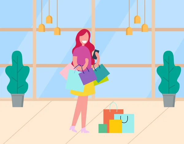 Cliente Lady com Pacotes, Vetor de Dia de Compras — Vetor de Stock