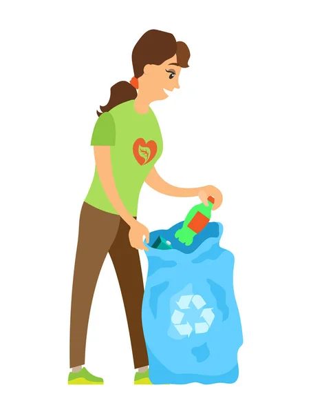 Volontariato che tiene bottiglia e borsa, vettore della spazzatura — Vettoriale Stock