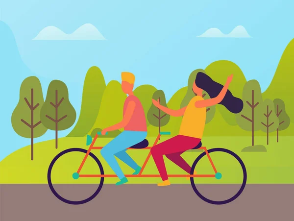 Man and Woman Riding on Double Bike Vector People — Stock Vector