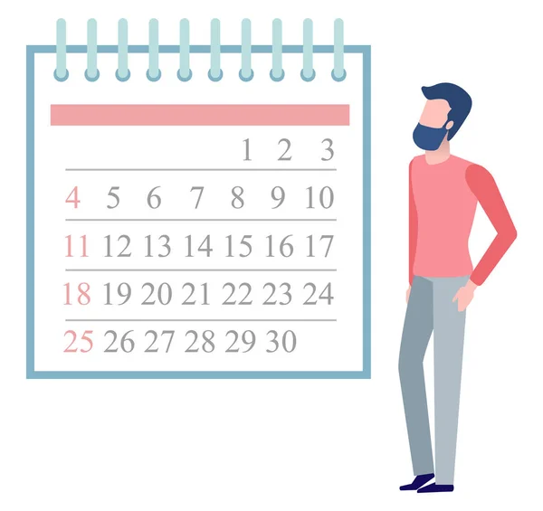 Jeune homme regardant calendrier mois sur vecteur mural — Image vectorielle