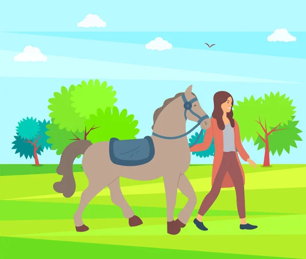 Vrouw en paard op natuur, Park of boerderij bos — Stockvector