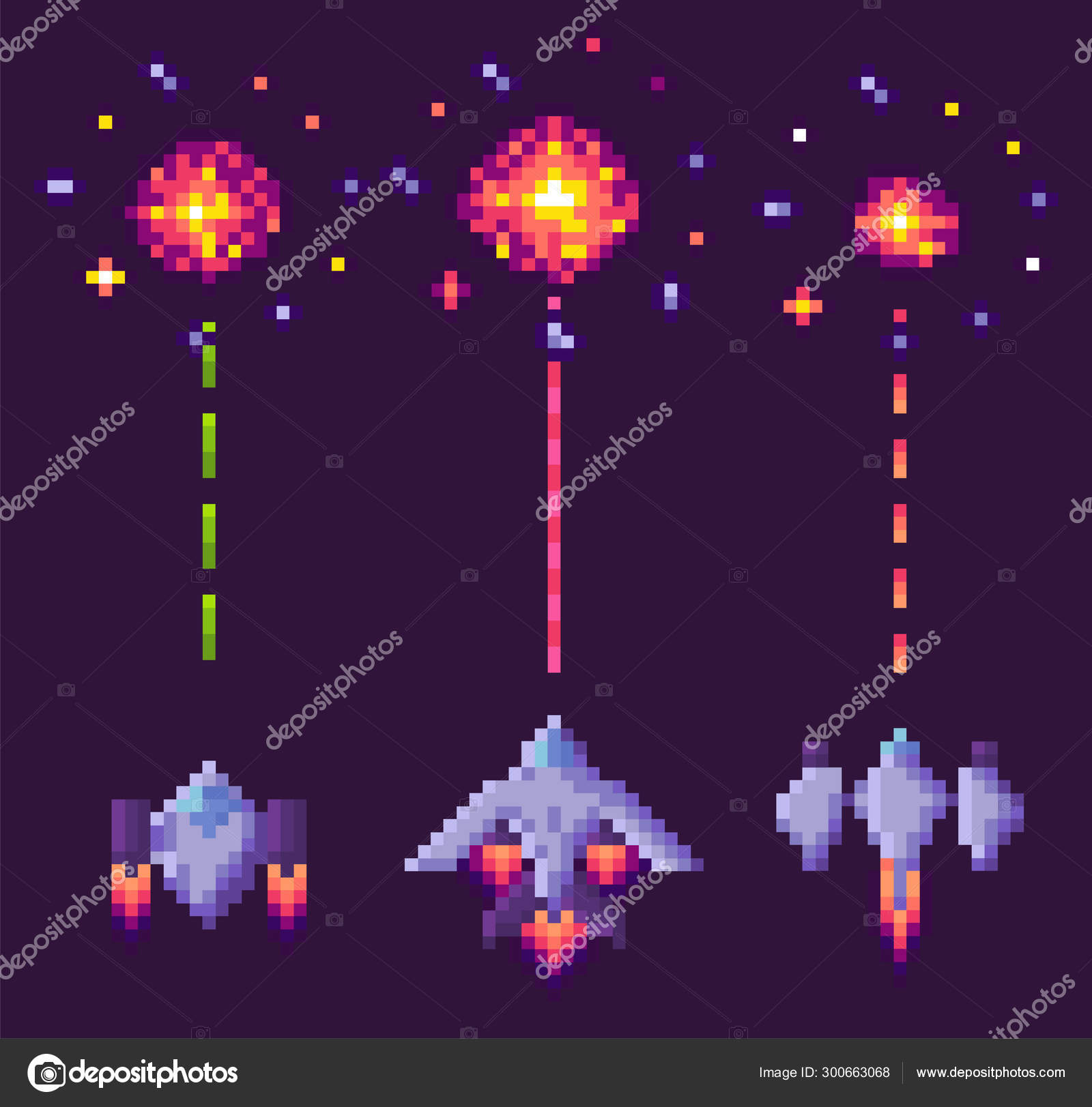 Tela de jogo de arcade retro com invasores de pixel e nave espacial.  gráficos de vetor velho do computador da guerra do espaço 8 bits. jogo de  arcade de vídeo, nave espacial