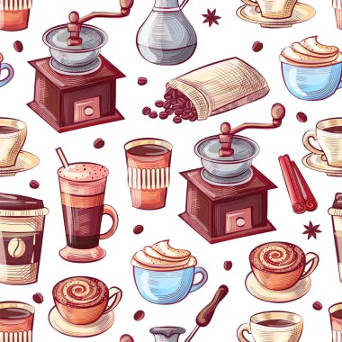 Kahve Öğütücü ve Fincan, Fasulye ve Cezve Pot Desen