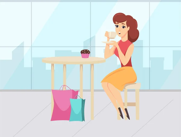 Shopping Day, Donna che beve Caffè, Vettore del negozio — Vettoriale Stock