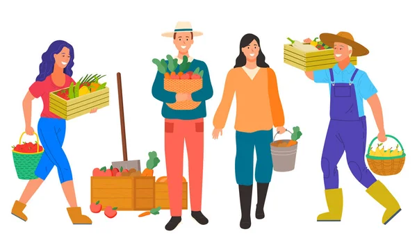 Agricultor, hombre y mujer con verduras — Archivo Imágenes Vectoriales