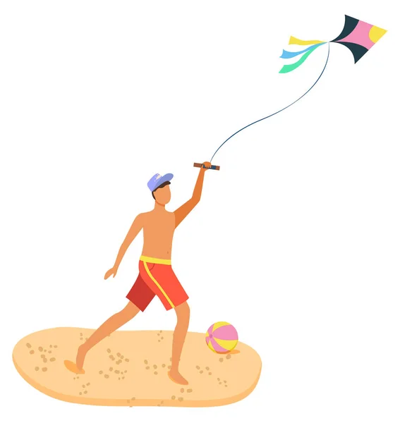 Мужчина на пляже развлекался с воздушным змеем — стоковый вектор