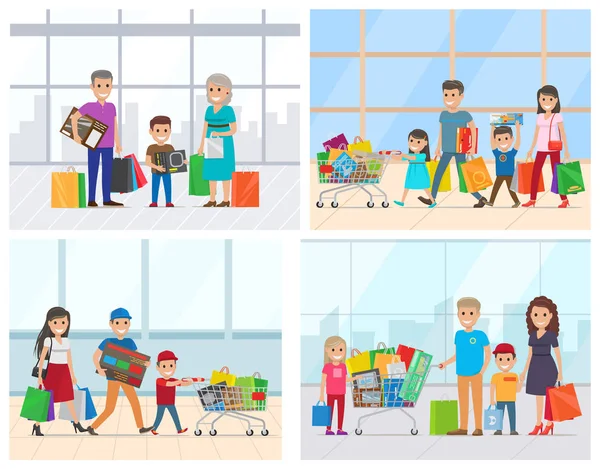 Family in Supermarket, People with Bags Vector — Stock Vector