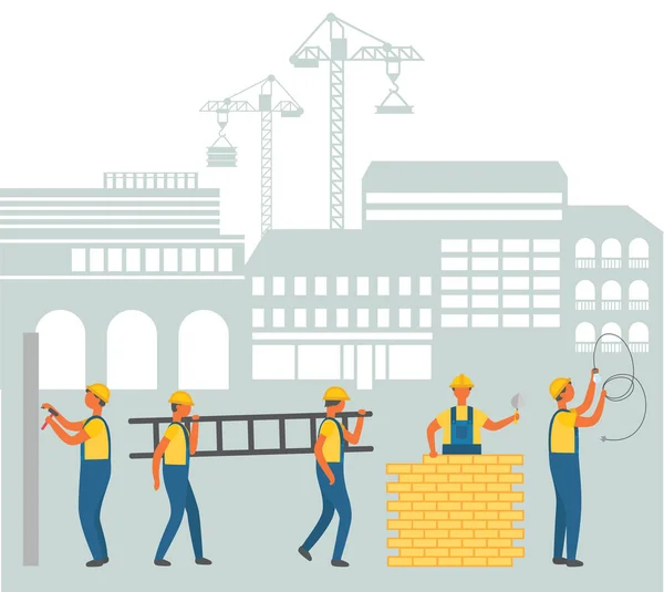 Équipe d'ouvriers sur la zone de construction Paysage urbain — Image vectorielle