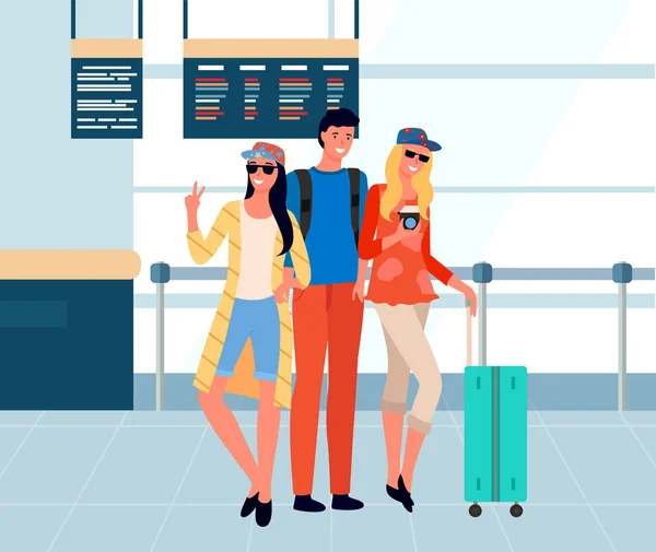 Φίλοι ταξιδιώτες λήψη selfie στο αεροδρόμιο διάνυσμα — Διανυσματικό Αρχείο