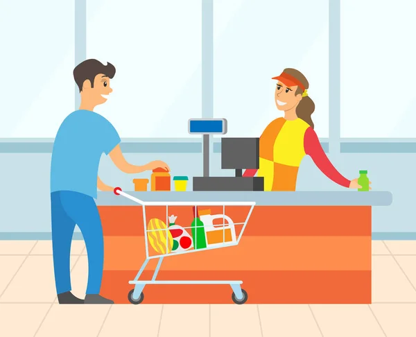 Männchen zahlt für Einkauf im Supermarkt — Stockvektor