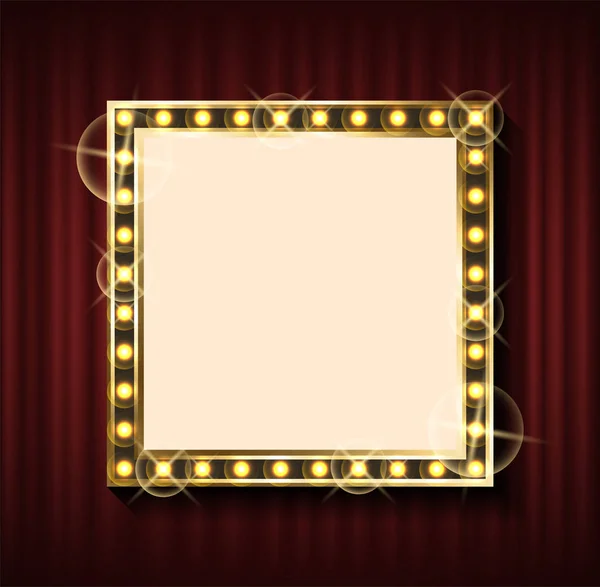 Marco cuadrado con luces doradas Vector de cortina roja — Vector de stock