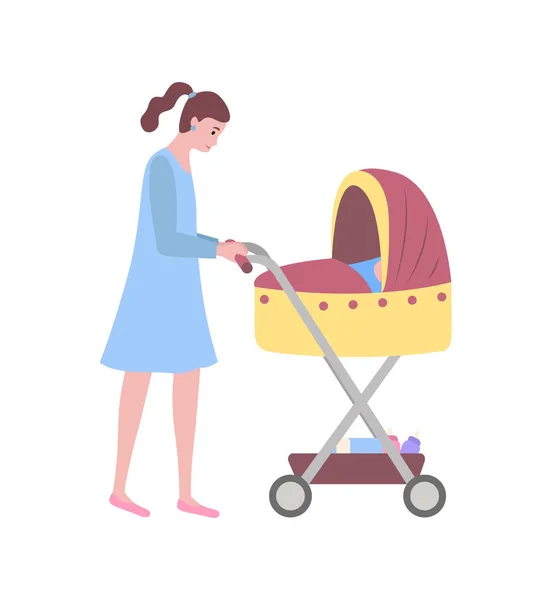 Woman Walking with Child Sleeping in Perambulator — Stock Vector