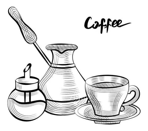 Panela de café e xícara com recipiente de açúcar conjunto vetor — Vetor de Stock
