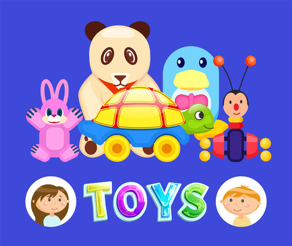 Игрушки и дети, мальчик и девочка с пушистой пандой
