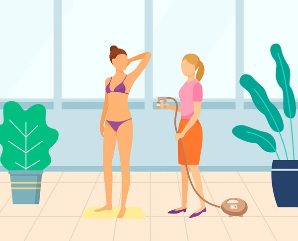 Alkalmazása Fake tan festékszóró Vector a szalonban — Stock Vector