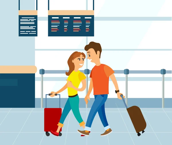 Pareja con Equipaje en Aeropuerto, Hombre y Mujer — Vector de stock