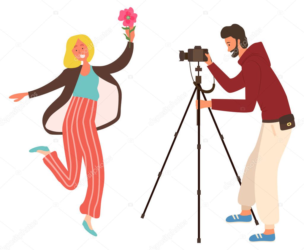 Photo Studio, Woman with Flower, Camera Vector