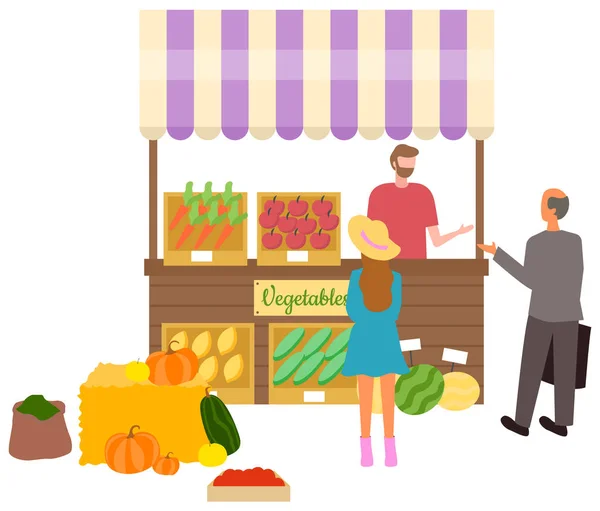 Marché Légumes, Homme Ventes Végétaux et Fruits — Image vectorielle