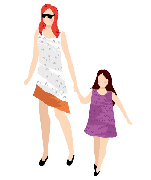 Мати і дочка, що йдуть разом, Літня тканина — стоковий вектор