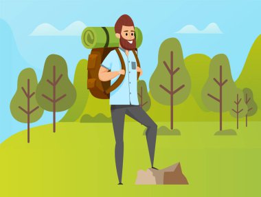 Man yürüyüş, yeşil doğa, seyahat hobi vector