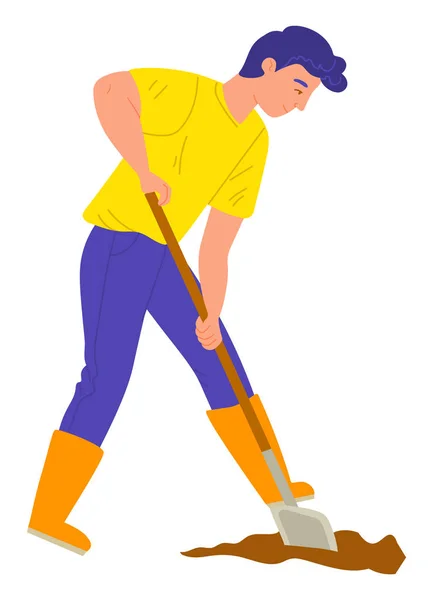 Gardener with Shovel, Digging Soil, Farm Vector — Stock Vector