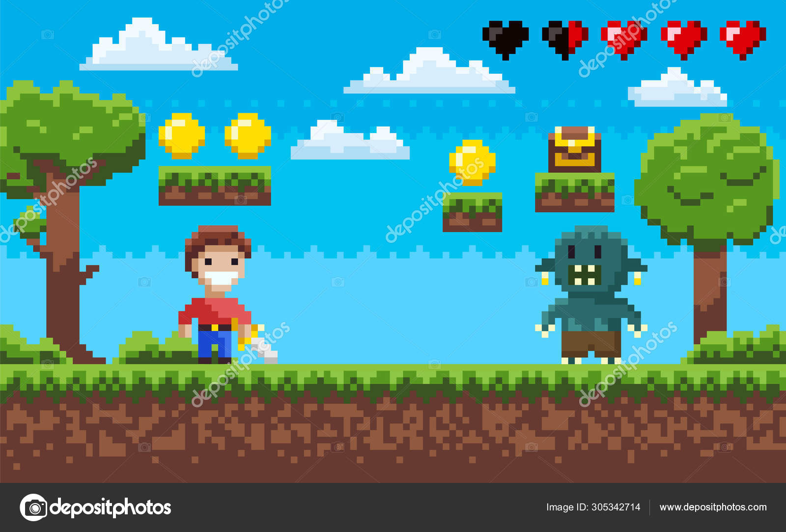 Jogo de 2 árvores de pixel, arte de pixel. vetor imagem vetorial