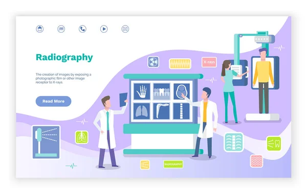 Médicos de Radiografía en Laboratorio con Radiografía por TAC — Archivo Imágenes Vectoriales