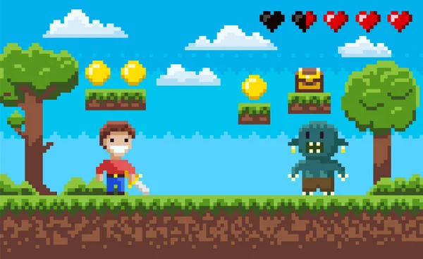 stock vector Pixel Game, Hero Fighting Zombie, Landscape Arcade