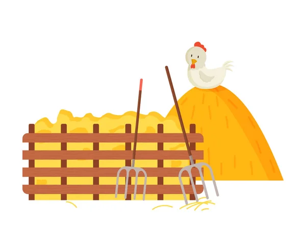 Hayfork and Hay Bale, Chicken and Wooden Fence — Stock Vector