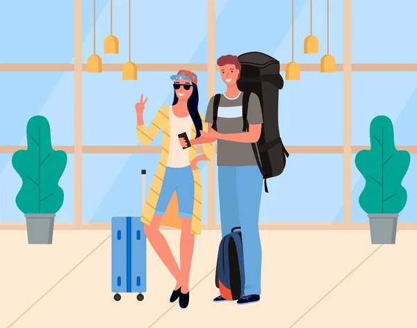 Giovane coppia di turisti con vettore bagagli — Vettoriale Stock