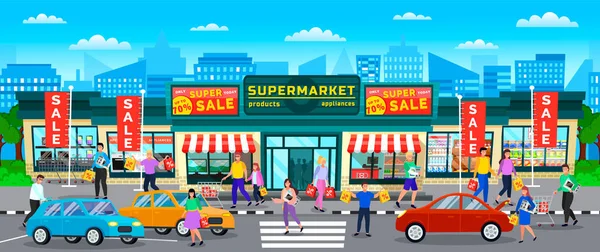 Supermarché Rue de la ville, People Shopping Vector — Image vectorielle