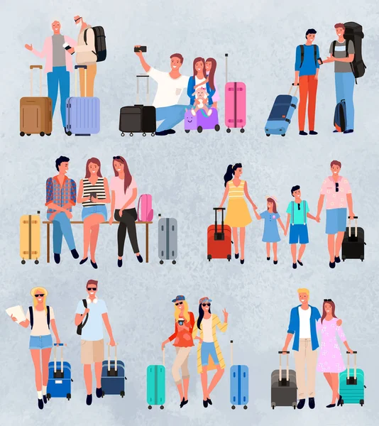 Reizigers of toeristen personages met bagage set — Stockvector