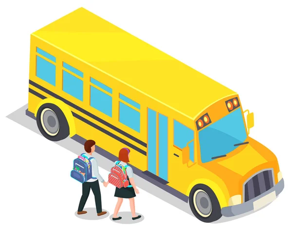 Школьный автобус и ученики с рюкзаками, дети — стоковый вектор