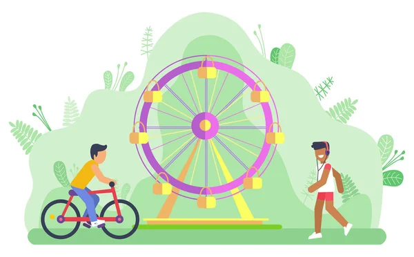 Ferris Rueda Parque de atracciones y ciclista Hombre — Vector de stock