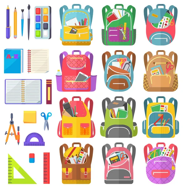 Autocollant sac à dos et chancellerie, vecteur de signes scolaires — Image vectorielle