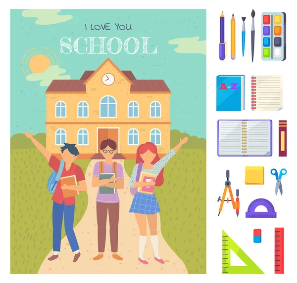 本を持つ生徒たち、学校に戻るポストカードベクトル — ストックベクタ