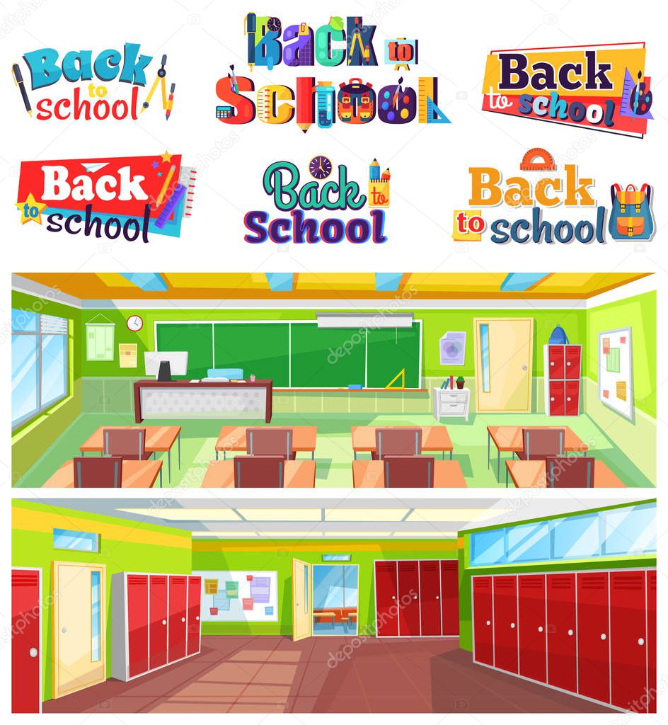 Back to school colorful logo design set. Classroom interior with chalkboard and desks, hall with lockers. Educational institution vector illustration. Back to school concept. Flat cartoon