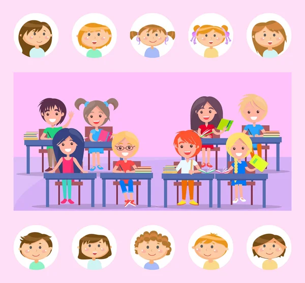 Classmate and Classroom, Pupils with Books Vector — Stock Vector