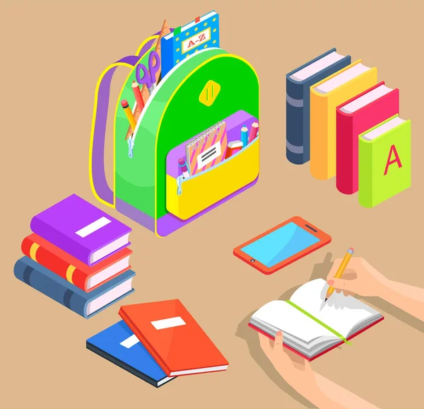 Sac à dos avec fournitures scolaires et vecteur de livres — Image vectorielle