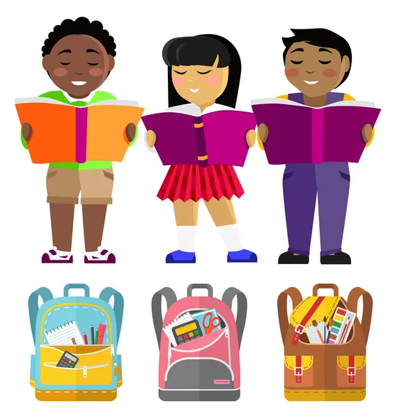 Estudantes ou Alunos com Livros e Bolsas Escolares — Vetor de Stock