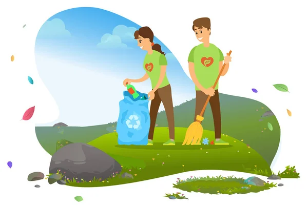 Mann und Frau sammeln Müll in Wertstofftonne — Stockvektor