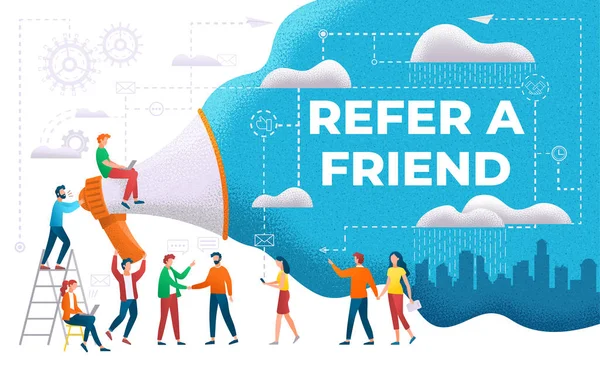 Refer Friend Referral System People with Megaphone — Stock Vector