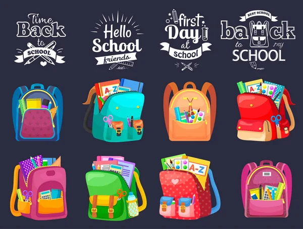 First Day or Back to School, Full Backpack Vector — Stock Vector