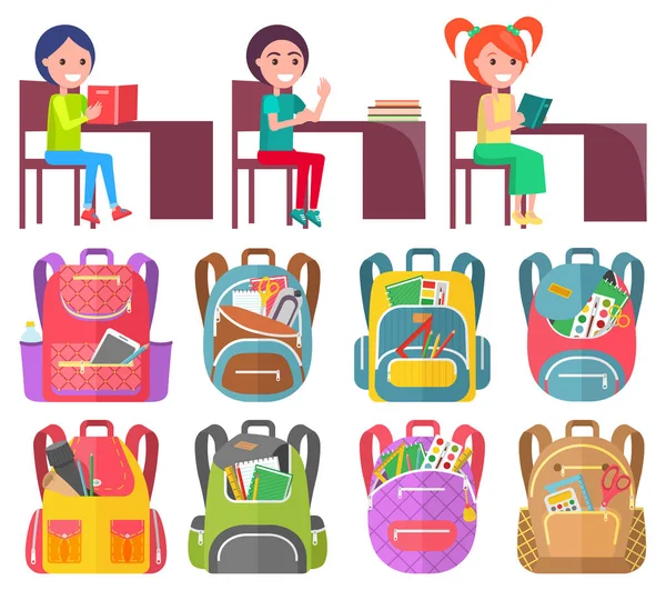 Girl and Boy Studying, Backpack Sticker Vector — Stock Vector