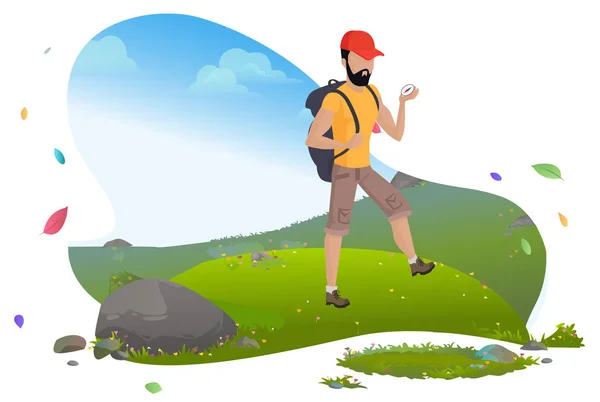 Guy di Pegunungan, Hiker atau Backpacker, Tourist - Stok Vektor