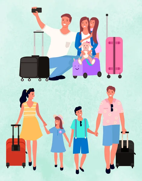 Família feliz com crianças viajando imagem vetorial — Vetor de Stock