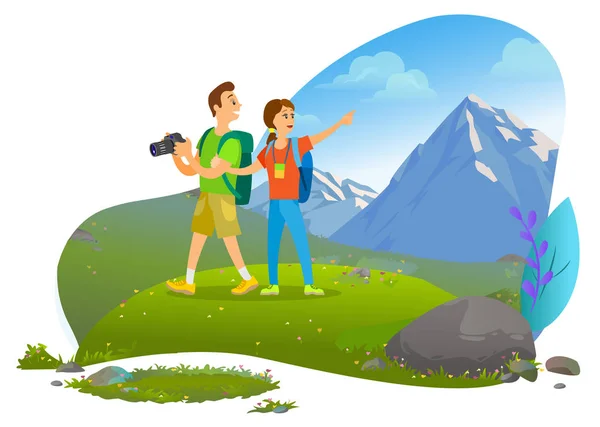 Hikers Couple with Backpacks and Photo Camera — Stock Vector