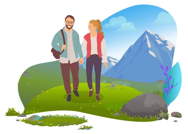 Rendez-vous dans Montagnes, Randonnée en couple, Homme et Femme — Image vectorielle