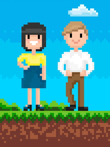 Man en vrouw pixelated karakters retro stijl — Stockvector